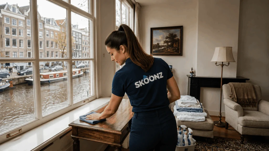 Skoonz-medewerker stoft een bureau af in een woning aan de gracht