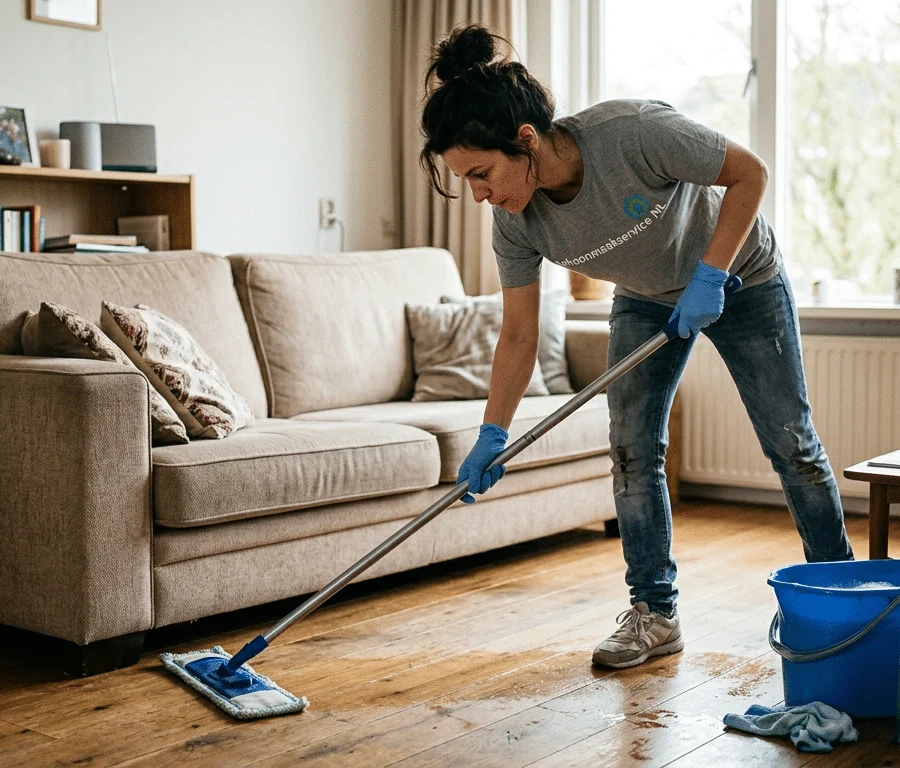 Schoonmaker dweilt de vloer van een woonkamer met een emmer en sprays ernaast