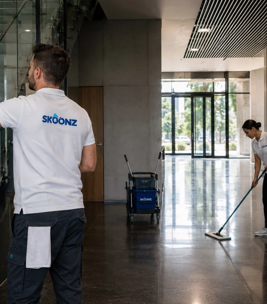 Skoonz-medewerkers reinigen de glazen wand en de vloer van een kantoorentree
