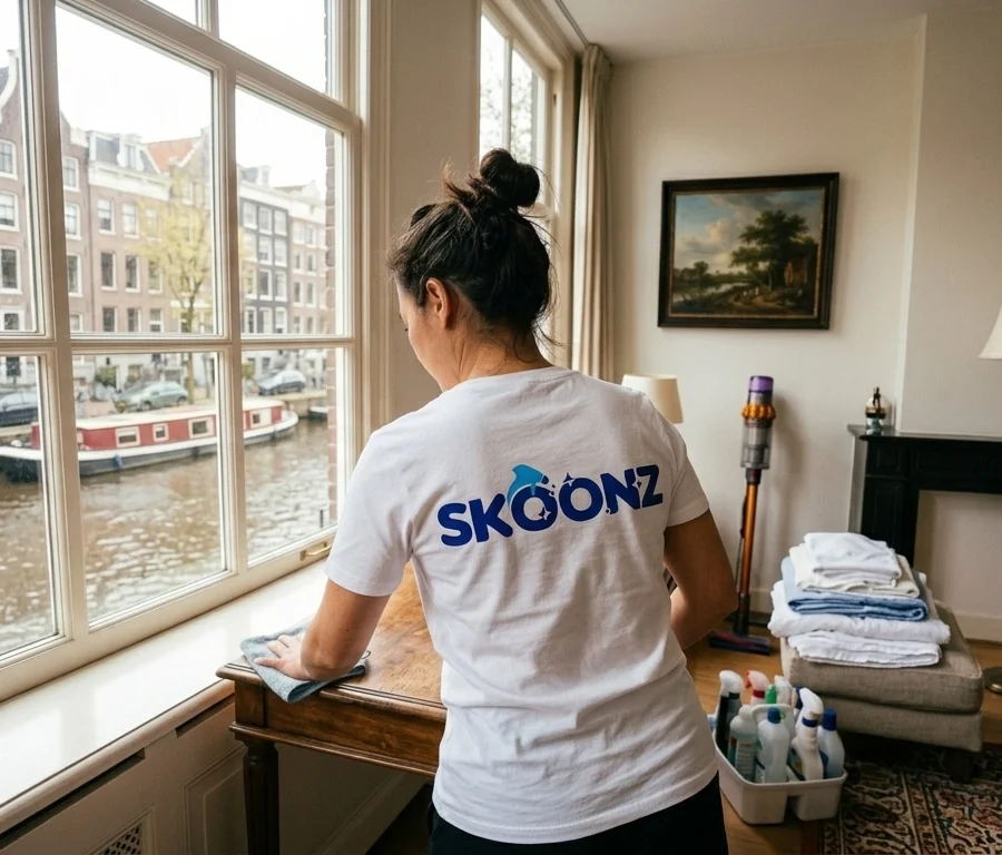 Skoonz-medewerker maakt een bijzettafel schoon in een woonkamer aan de gracht