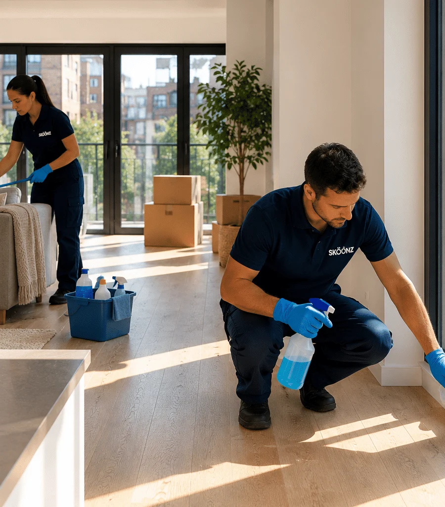 Skoonz-medewerkers reinigen plinten en vensterbank in een lichte woonkamer
