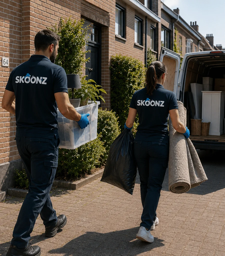 Skoonz-medewerkers dragen spullen van de bus naar een woning
